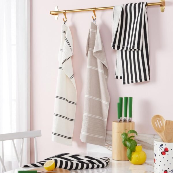 Kate Spade New York Botanical Stripe Kitchen Towels 4-Pack Set, Absorbent 100% Cotton, Black/Beige, 17"x28" - Image 2