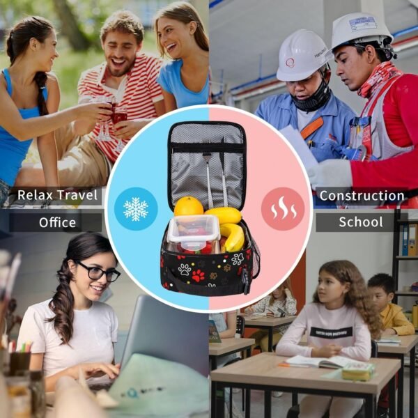 Cute Animal Dog Paw Print Insulated Lunch Bag Reusable Lunchbox Leakproof Portable Box for Women Men with Handle and Bottle Pocket for Work Picnic Camping - Image 7