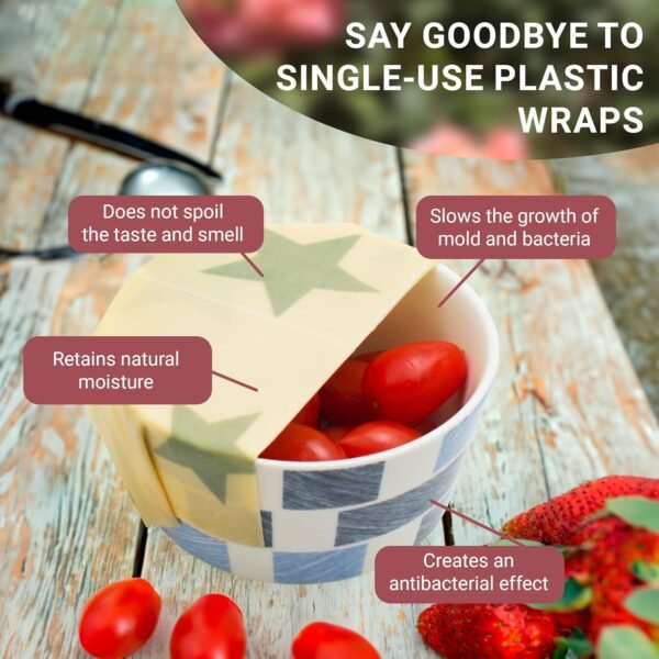 EZGOODZ Beeswax Wraps for Food, S, M, L. Pack of 3 Sustainable Food Storage Containers. Eco Friendly Wax Food Wrap with Stars Print. Washable Reusable Cotton Food Wraps with Honeycomb Pattern - Image 3