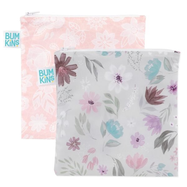 Bumkins Reusable Sandwich and Snack Bags, for Kids School Lunch and for Adults Portion, Washable Fabric, Waterproof Cloth Zip Bag, Travel Pouch, Food-Safe Storage, Large 2-pk Floral and Lace