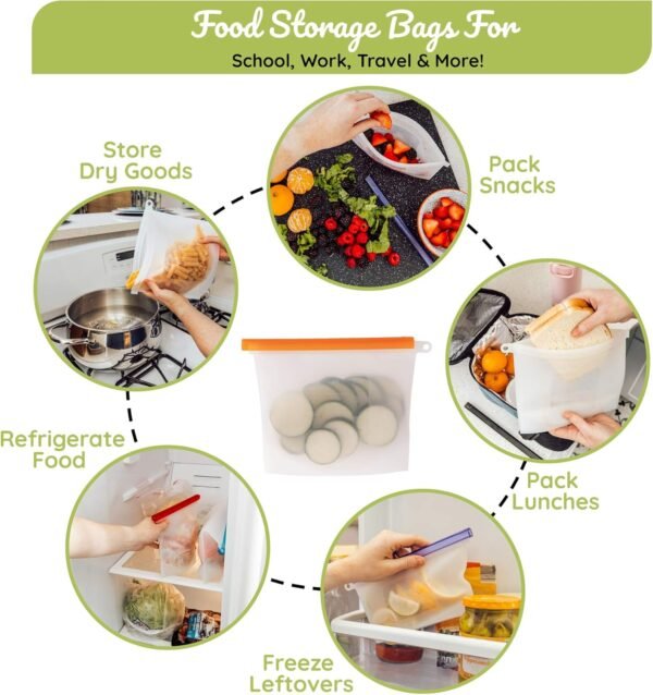 WeeSprout 100% Silicone Reusable Food Storage Bags - Set of 7 Leakproof & Airtight Bags (Four 4 Cup Bags and Three 6 Cup Bags), Freezer, Microwave, & Dishwasher Friendly, for Lunches and Snacks - Image 5