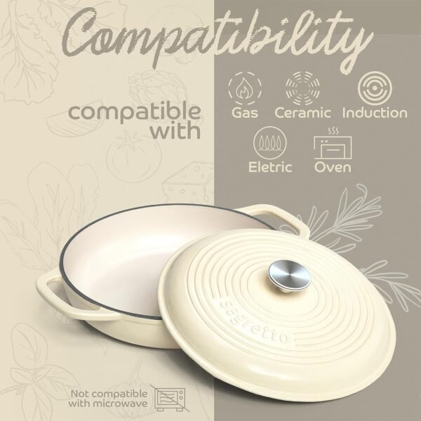 3.6 QT Braiser Enameled Cast Iron Casserole Pan With Cover, Bianco Perla (Off-White) Cast Iron Braiser Pan With Lid, Lasagna Pan Enamel Cast Iron Skillet with Lid Cookware - Image 7