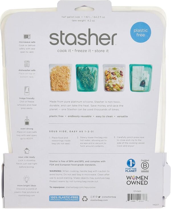 Stasher Platinum Silicone Food Grade Reusable Storage Bag, Clear (1/2 Gallon) | Reduce Single-Use Plastic | Cook, Store, Sous Vide, or Freeze | Leakproof, Dishwasher-Safe, Eco-friendly | 64 Oz - Image 2