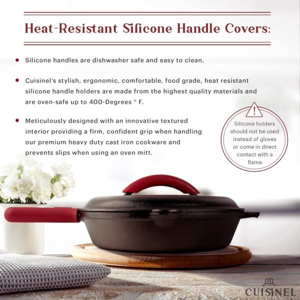 Cuisinel 12" + 10" + 8"-Inch Cast Iron Skillets Set with Braiser Lids + Silicone Handle Grips + Pan Scraper - Indoor/Outdoor Pre-Seasoned Kitchen Cookware - Oven, Fire, Stove Safe - Image 6