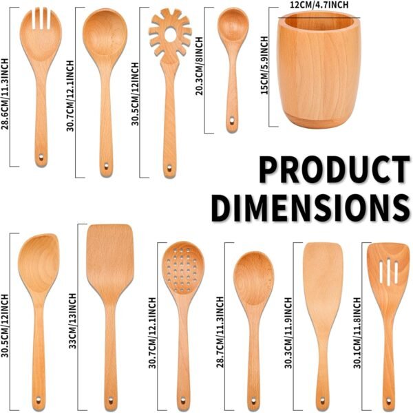 11 PCS WOSPONFAN Kitchen Utensils Set - Wooden Spoons for Cooking, Natural Beech Wood Wooden Utensils - Includes Wooden Spoons, Spatula Set, Slotted Spoon - Handmade Wooden Spoon Set - Image 3