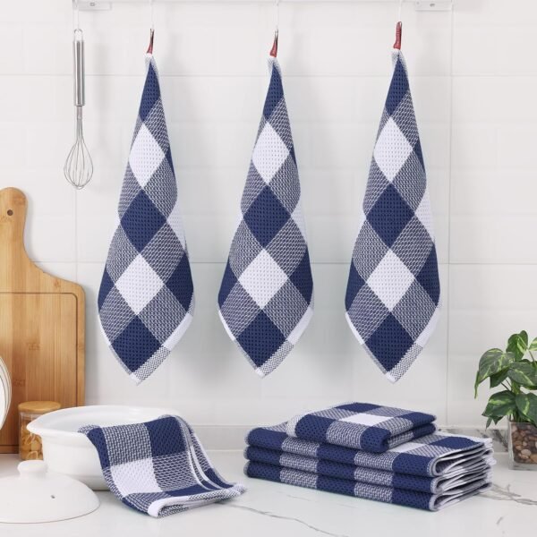 Homaxy Kitchen Towels and Dishcloths Set, 12 x 12 and 13 x 28 Inches, Set of 12 Bulk Cotton Waffle Weave Check Plaid Kitchen Towels, Super Soft and Absorbent Dish Towels, White & Navy Blue - Image 6