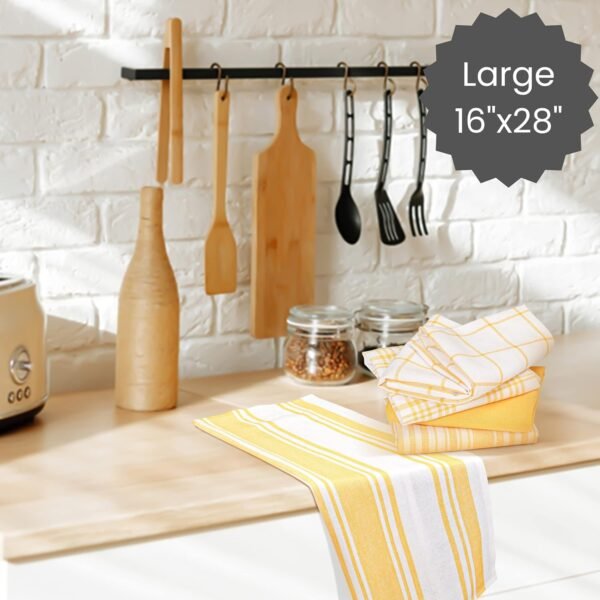 Cotton Clinic Assorted Kitchen Towels 5 Pack – Soft Absorbent Quick Drying Table & Kitchen Linen - Dish Towels, Dish Cloths, Tea Towels and Cleaning Towels with Hanging Loop – 16x28 / Yellow White - Image 4
