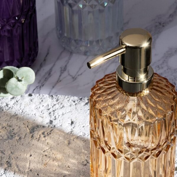 Diamond Design 12 Oz Green Glass Soap Dispenser,Refillable Lotion Soap Dispenser for Bathroom, Kitchen, Hand Soap, Dish Soap,Shampoo, Ideal for Bathroom Countertop. (Clear Gold) - Image 3