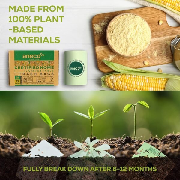ANECO 100% Compostable Food Waste Bags 13 Gallon, 50 Count, Extra Thick Kitchen Compost Bags With Handles, Large Compostable Bags for Tall Kitchen Bin - Image 2