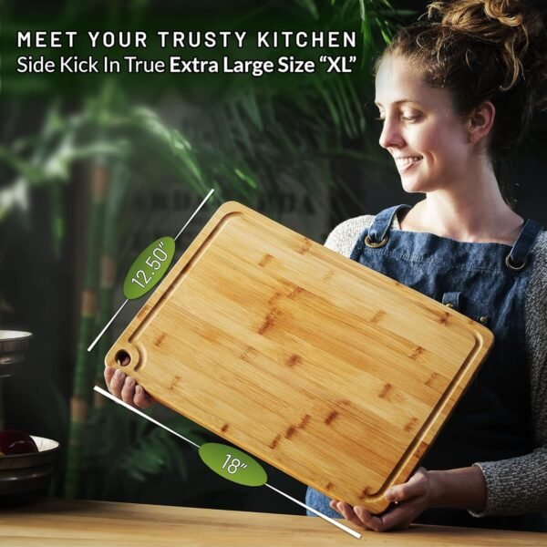 Bamboo Cutting Board Extra Large - Organic Wooden Cutting Boards for Kitchen, Vegetable & Meat Cutting Board - Cutting Board with Juice Groove, Handles & Hanging Hole - Image 3