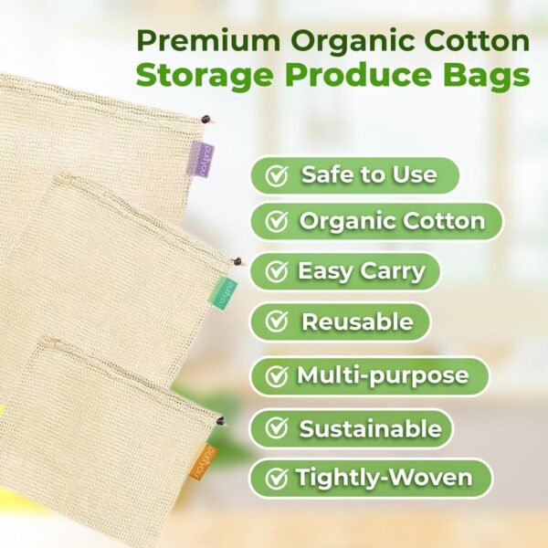 purifyou Premium Organic Cotton Storage Produce Bags - (Set of 9) 2x Extra Large, 5x Large, 2x Small Reusable Mesh Produce Bags, Raw & Unbleached, for Vegetable, Fruit, Food, Snack, Storage - Image 3