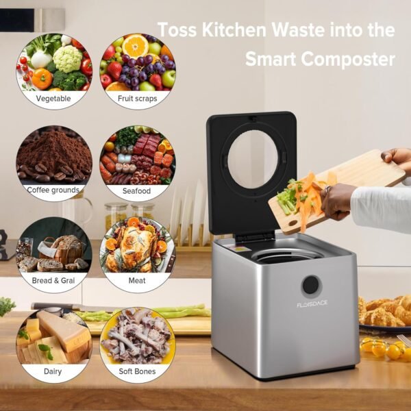Electric Kitchen Composter, 3L Large Capacity with Visual Lid and LED Display, Turn Food Waste into Dry Compost, Intelligent Grinding Level Auto Stop, Low Noise, Automatic Cleaning - Image 5