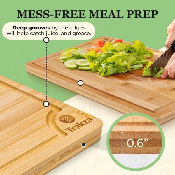 Bamboo Cutting Board Set - Durable Kitchen Cutting Boards For Chopping Fruit, Meat, Cheese, Veggies - Deep Juice Grooves, Side Handles, Easy To Use & Clean - With Storage Holder - 9", 12", 15" - Image 6