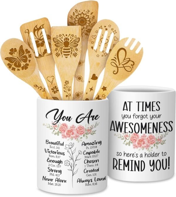 Sometimes You Forget Your Awesome Cooking Utensils Set, Utensil Holder & 6 Wooden Spoons Christmas Cooking Gifts For Mom, Christmas Gifts For Mom, Ceramic Holder, Christian Gifts For Women
