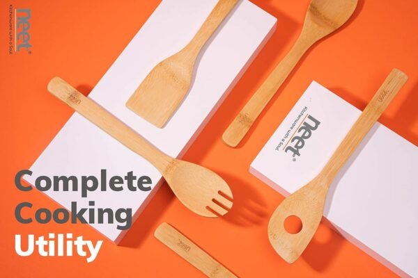 Neet Wooden Spoons For Cooking 6 Piece Organic Bamboo Utensil Set With Holder Wood Kitchen Utensils Spatula Spoon For High Heat Stirring In Nonstick Pots & Pans Quality Gift & Everyday Use - Image 2