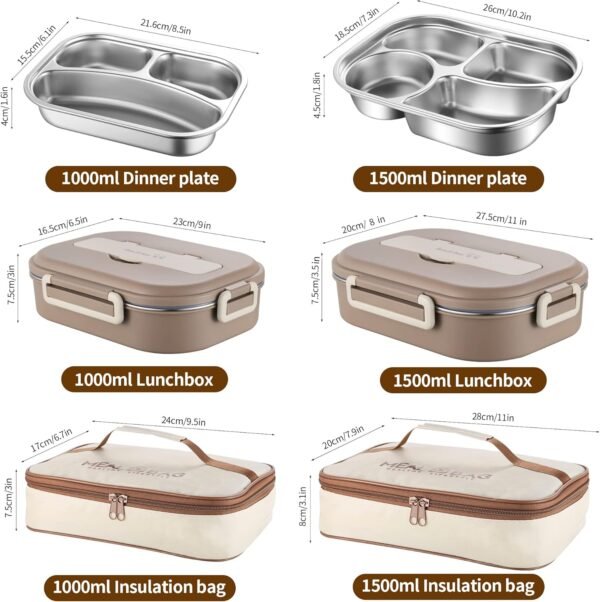 Bento Box,1000ml Stainless Steel Lunch Box,Versatile 3-Compartment Portable Lunch Box Container-Salad Lunch Containers for Adults/Kids with Spoon Fork Thermos Bag Accessories (Khaki) - Image 6