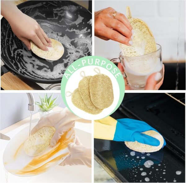 Natural Loofah Dish Sponge, Natural Kitchen Biodegradable Compostable Cellulose Loofah Scrub Sponge, Dual Sided Reusable Non Scratch Cleaning Sponge for Cleaning Kitchen, Bathroom, Household, 3 Pcs - Image 7