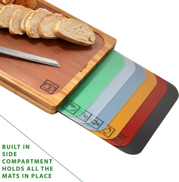 Seville Classics Bamboo Premium Wood Cutting Board Serving Tray w/ 7 Color-Coded BPA-Free Mats, for Chopping Bread, Cheese, Fruits, Vegetables, Meats, Charcuterie (PATENTED), Bamboo (NEW MODEL) - Image 4