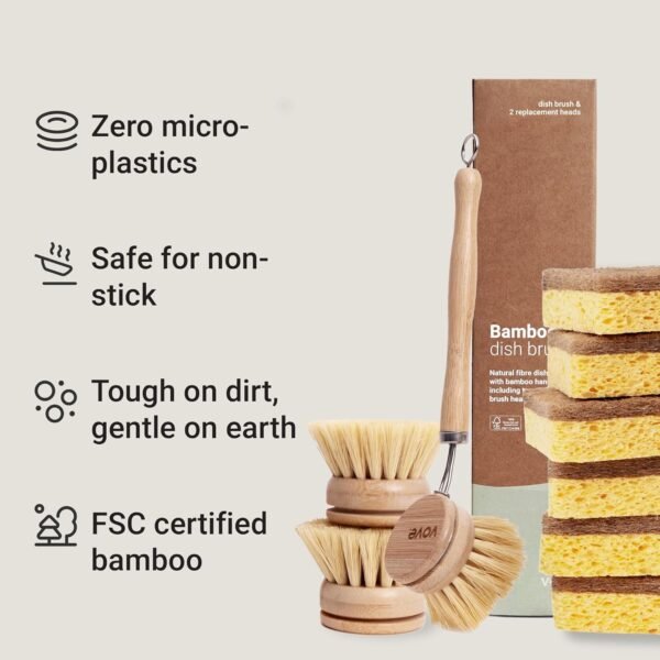 | Eco Kitchen Cleaning Bundle | Bamboo Dish Brush & 6 Natural Kitchen Sponges | with 3 Replacement Heads | Sustainable Cleaning | Plastic-Free | Versatile Cleaning | High-Performance - Image 5