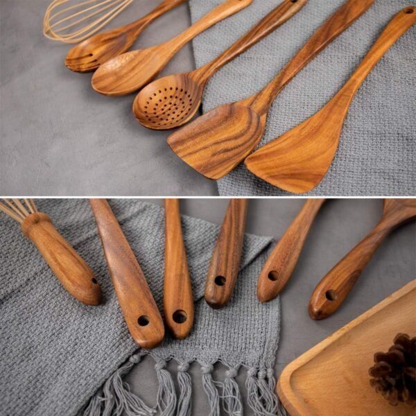 10 Pack Wooden Spoons for Cooking, Teak Wood Kitchen Utensils Set for Non Stick Use, Spatula Set for Stirring, Baking, Non Stick Wooden Utensils for Kitchen - Image 7