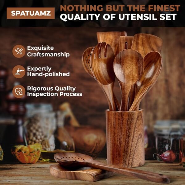 Teak Wood Cooking Utensils Set, 9Pcs Durable Wooden Utensils for Cooking, BPA-Free Premium Wooden Spoons for Cooking with Holder & Spoon Rest - Image 4