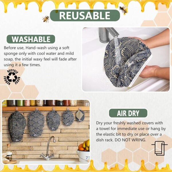Li'l Things Eco-friendly Beeswax Bowl Covers | Improved Beeswax Coating | Elastic Food Storage Covers | Reusable Lids For Food, Fruits and Leftover | 5 Sizes | 3 Different Themes | Japanese Waves - Image 5