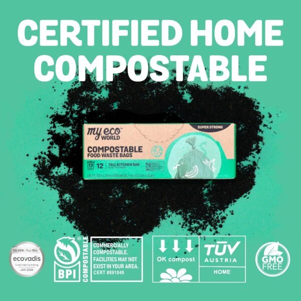 Compostable Food Waste Bag - 48 Count - 100% BPI Certified Compostable - AS5810 & EN13432 Compliant - Large - 13 Gallon - Super Strong - Leak Proof - Unscented - Easy to Open - Kitchen Bag - Image 5