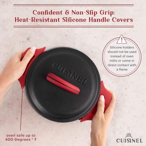 Cuisinel Cast Iron Dutch Oven - 3-Quart Deep Pot + Lid + Pan Scraper + Handle Covers - Large Pre-Seasoned Cooker for Baking Bread, Soup, Frying - Indoor/Outdoor Kitchen, Camping, Fire, BBQ Cookware - Image 6