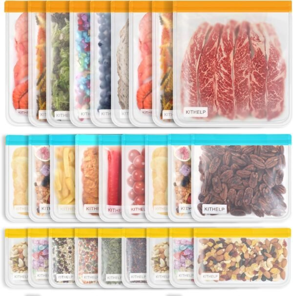 27 Pack Reusable Storage Bags BPA Free, Leak-proof Freezer Bags (9 Reusable Gallon Bags + 9 Reusable Sandwich Bags + 9 Reusable Snack Bags) Washable Eco-Friendly Lunch Bags