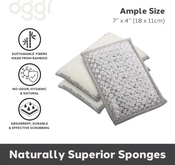 OGGI Bambou Odor-Free Scrubbing Sponges - Natural Scrub Sponges for Dishes, 91% Bamboo-Derived Rayon Cellulose Fiber, Reusable, Absorbent, Durable Scrubbers, Non-Scratch, Washable - 3 pcs, 7x4 - Image 2