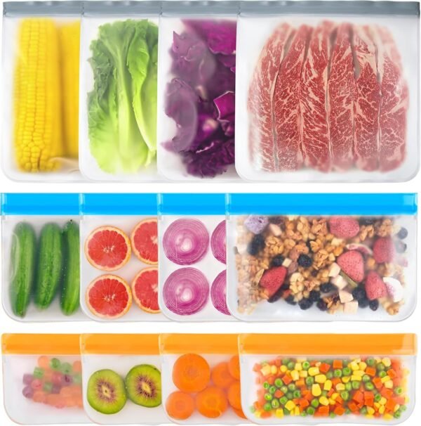 12-Pack Reusable Food Storage Bags – BPA-Free, Leakproof Silicone & PEVA, Freezer & Dishwasher Safe Ziplock for Snacks, Sandwiches, Meal Prep & Kids Lunches – Gallon, Sandwich & Snack Sizes Included