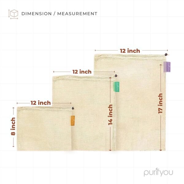 purifyou Premium Organic Cotton Storage Produce Bags - (Set of 9) 2x Extra Large, 5x Large, 2x Small Reusable Mesh Produce Bags, Raw & Unbleached, for Vegetable, Fruit, Food, Snack, Storage - Image 2