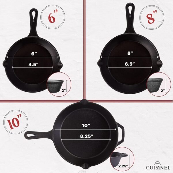 Cuisinel Cast Iron Skillet Set - 3-Piece: 6" + 8" + 10"-Inch Chef Frying Pans - Pre-Seasoned Oven Safe Cookware + 3 Heat-Resistant Handle Covers - Indoor/Outdoor Use - Grill, Stovetop, BBQ, Fire Safe - Image 3