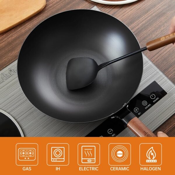 WANGYUANJI Iron Wok 12.6 inches,Wooden Handle Chinese Iron Pot Carbon Steel Wok Non-Coated Stir Fry Pan,Suitable for Home Cooking, Compatible with Induction, Gas, and Electric Ceramic Cooktops - Image 7