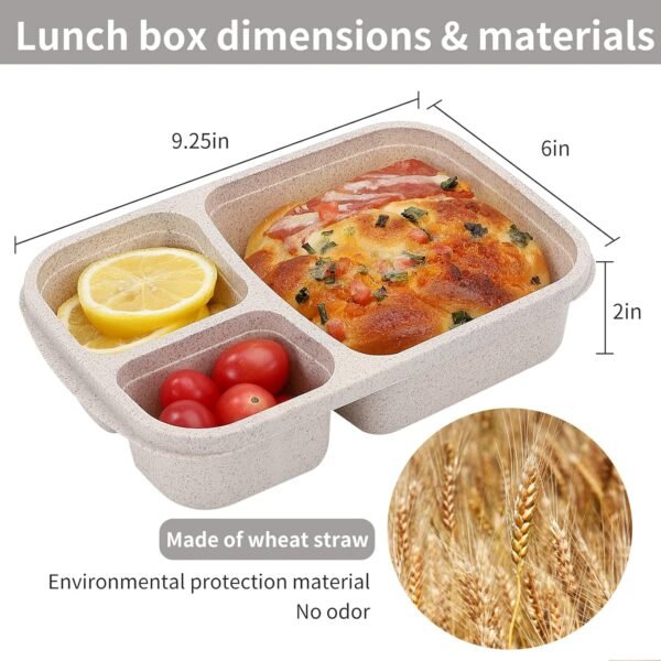 8 Pack Bento Lunch Box Set 3 Compartment Wheat Straw Meal Prep Food Storage Containers Plastic, Microwave and Dishwasher Safe(8 Pack（3 Compartment) - Image 2