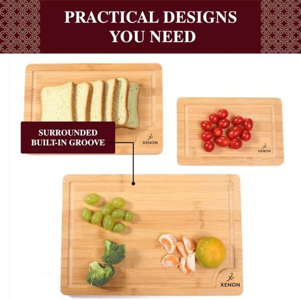 Xenon Wooden Cutting Boards for Kitchen Meal Prep & Serving - Bamboo Wood Cutting Board Set - Charcuterie & Chopping Butcher Block for Meat - Kitchen Gadgets Gift Set of 3 - Image 4