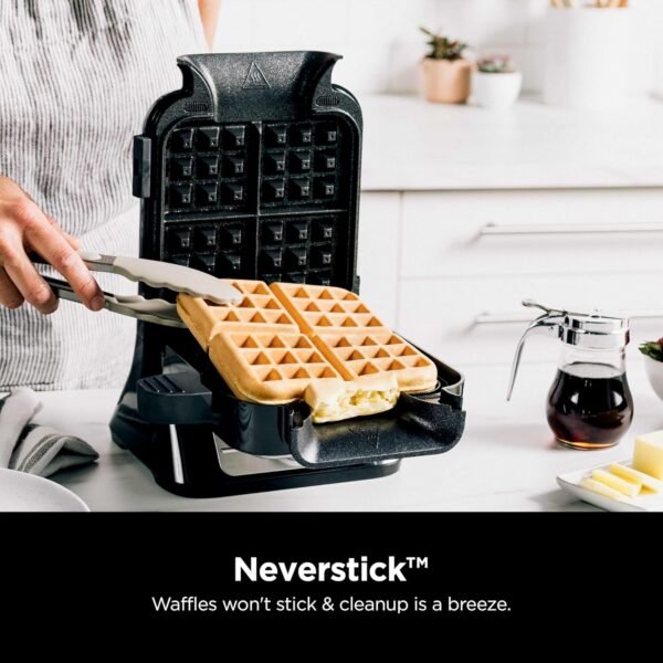 Ninja BW1001 NeverStick PRO Belgian Waffle Maker, Vertical Design, 5 Shade Settings, with Precision-Pour Cup & Chef-curated Recipe Guide, Black & Silver - Image 3