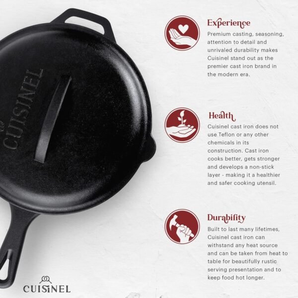 Cuisinel 12" + 10" + 8"-Inch Cast Iron Skillets Set with Braiser Lids + Silicone Handle Grips + Pan Scraper - Indoor/Outdoor Pre-Seasoned Kitchen Cookware - Oven, Fire, Stove Safe - Image 4