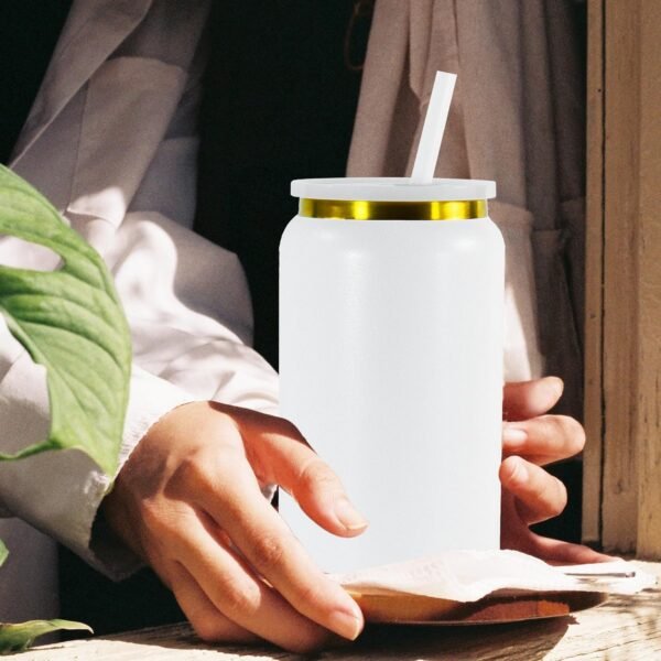 AGH 16oz Stainless Steel Can Tumbler with Lids and Straws,Double wall Golden Electroplate Drinking Can Cups,Reusable Water Tumbler with Straws For Ice Coffe Juice,Smoothie Cup,White,4Pack - Image 6