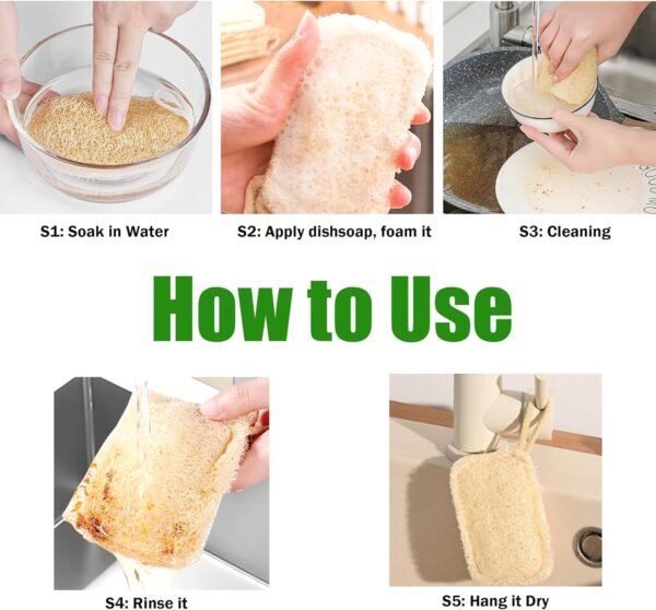 Large Natural Dish Scrubber, Loofah Dishwashing Sponge (6 Pcs), No Scratch for Dish, Large Size 5.2"L*3.2"W, Loofah Plant Kitchen Eco-Scrubber, Zero Waste and Eco Friendly Sponges, Unbleached. - Image 7