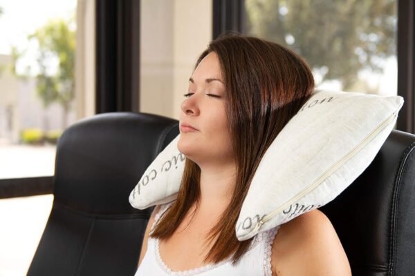 Natural Latex & Down Alternative Travel Pillow - Organic Luxury Travel Neck Pillow for Airplane, Camping and Car, Hypoallergenic Adjustable Neck Support Travel Pillow, Handmade in USA - Image 5
