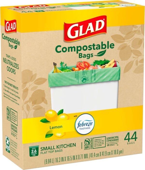 Glad Trash Bags, Kitchen Compost Bags 2.6 Gallon Garbage Bags, 100% Compostable Bag, Febreze Lemon, 44 Count (Package May Vary), Light Yellow - Image 7