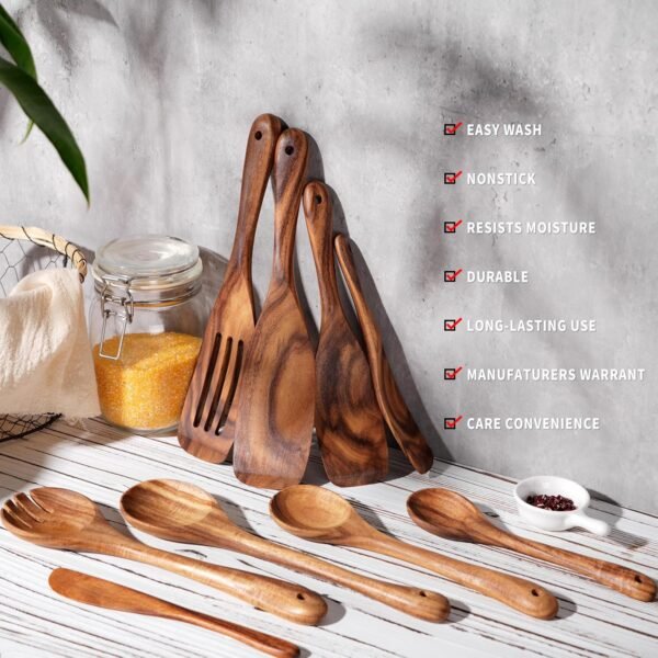 Wooden Spoons for Cooking, 9 PCS WOSPONFAN Kitchen Utensils Set, Wooden Utensils for Cooking - Wooden Spoons, Spatula Set, Slotted Spoon, Handmade Wooden Spoon Set - Image 6