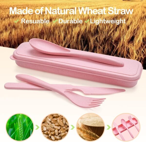 Reusable Travel Utensils Set with Case, 12 Sets Wheat Straw Portable Knife Fork Spoons Cutlery, Eco-Friendly BPA Free Plastic Tableware for Kids Adults Travel Picnic Camping Utensils - Image 2