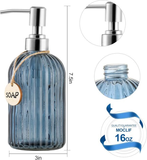 16 OZ Soap Dispenser，Tempered Glass Clear Vertical Stripe with 304 Rust Proof Stainless Steel Pump Refillable Liquid Hand Soap Dispenser，for Bathroom, Kitchen, Dish Soap，Lotion (Blue Grey) - Image 2