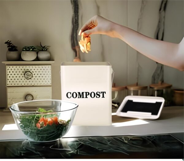 Window Garden Kitchen Compost Bin - Metal Pail for Composting Kitchen Scraps - Small Indoor Compost Bucket with Carbon Filter Lid - Food Scrap Container for Countertop - 9.1x7.1x6.3 inches (Off-White) - Image 3