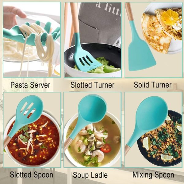 Silicone Kitchen Utensils Set - Heat Resistant Silicon Cooking Utensils, Wooden Handle Kitchen Utensil Set with Holder, Spoon Spatula Turner Tongs Whisk Kitchen Tools for Nonstick Cookware (BPA Free) - Image 2
