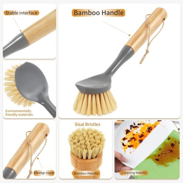 Kitchen Scrub Brush Built-in Scraper, Bamboo Dish Brush, Kitchen Cleaning Brush Cleaning Pans, Platesand More 3 Pack - Image 3