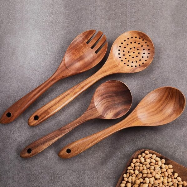 Wooden Kitchen Utensils Set,GUDAMAYE 9 PCE Natural Teak Wooden Spoons For Non-stick Pan for Cooking, - Image 4