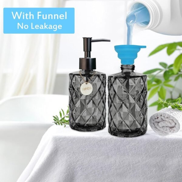 12 Oz Black Clear Diamond Glass Soap Dispenser with Plastic Pump, Small Liquid Hand Refillable Bathroom Dish Lotion Soap Bottle Set, for Bathroom, Kitchen, with Funnel & Blank Wooden Tag - Image 6